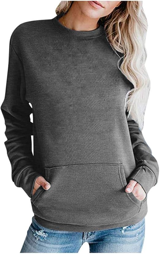 Whycat Plain Sweatshirt Pocket Women Long Sleeve Crew Neck Sweatshirt ...