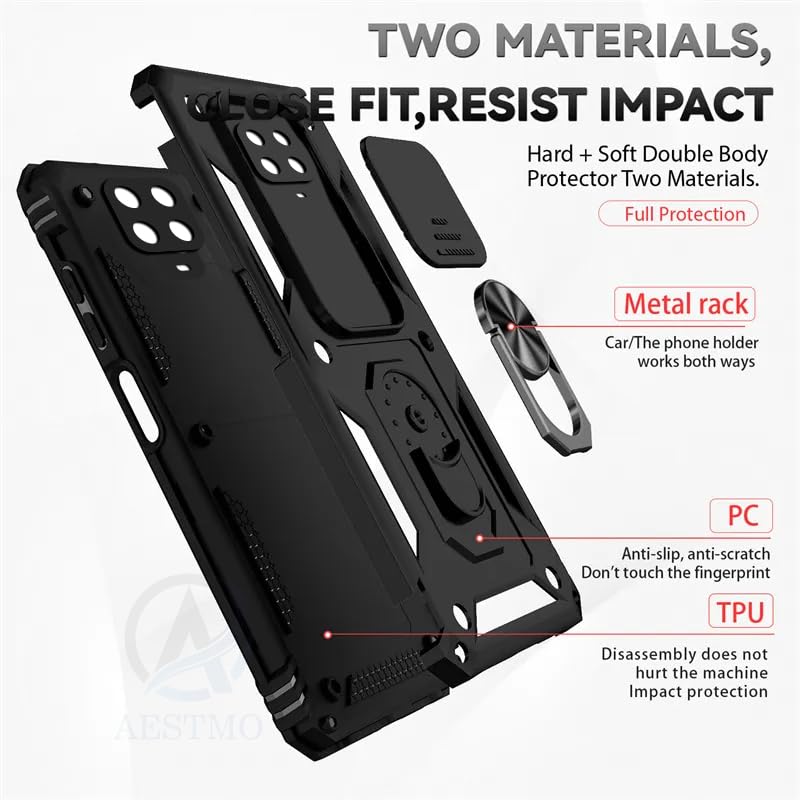 Image of AESTMO Tough Armor Compatible with Redmi Note 10 Lite /Note 9 Pro /Pro Max /Poco M2 Pro Bumper Back Case Cover | Ring Holder & Sliding Camera Shield Cover | 360 Degree Protection Back Case Cover (Black)
