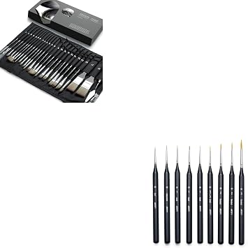 ARTIFY Bundle of 24 Pieces of Black Paint Brush Set and 9-Piece Miniature Detail Paint Brush Set