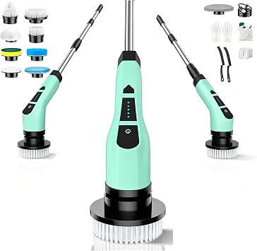 Electric Spin Scrubber, Shower Scrubber with Long Handle Adjustable, 2 Speed Shower Cleaner, 10 Replaceable Brush Heads Bathroom Cleaning Brush, Bath Tub Power Scrubbers Green