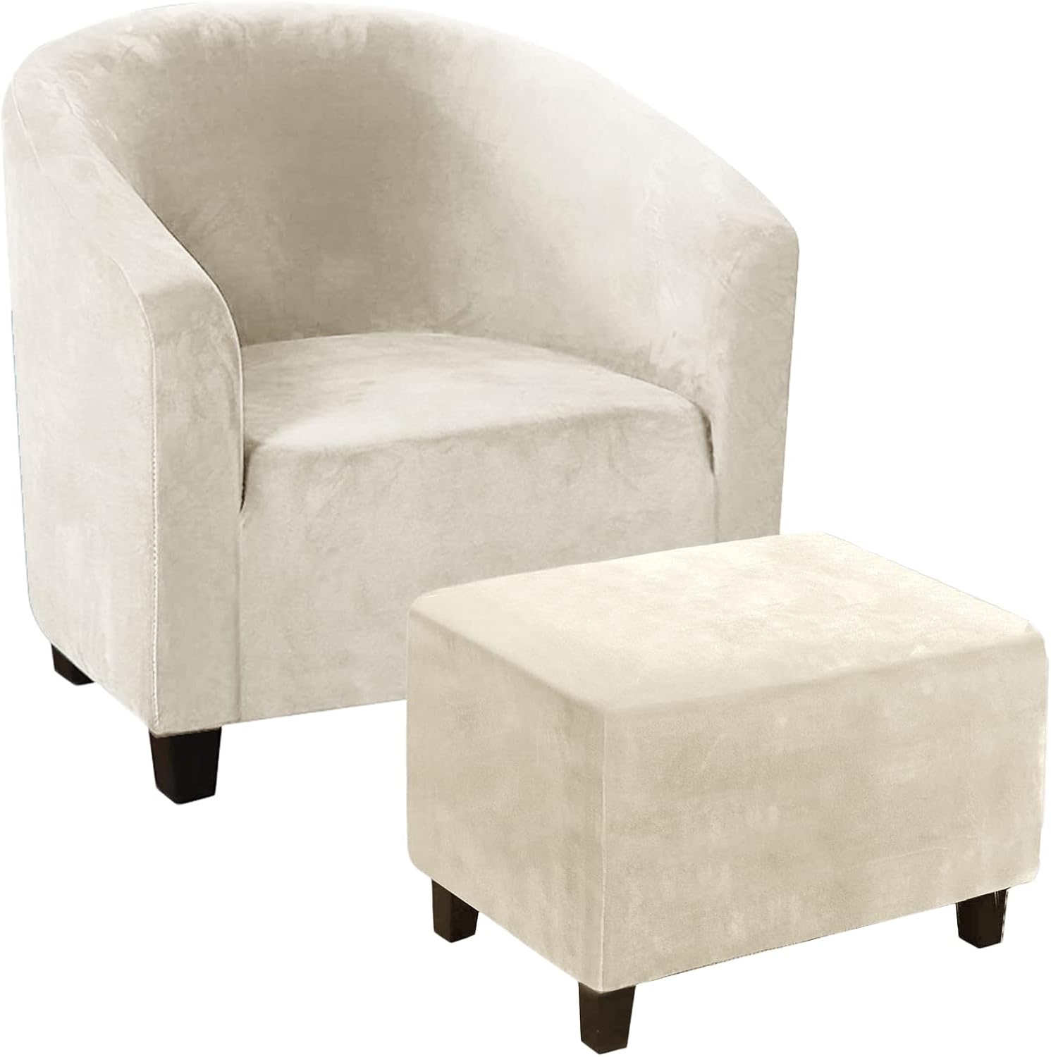 Tub Chair Slipcover, 2-Piece Velvet Barrel Club Chair Covers with Rectangular Ottoman Cover, Stretchy Armchair Sofa Furniture Protector for Living Room Bar Counter Hotel (X-Large,Camel)