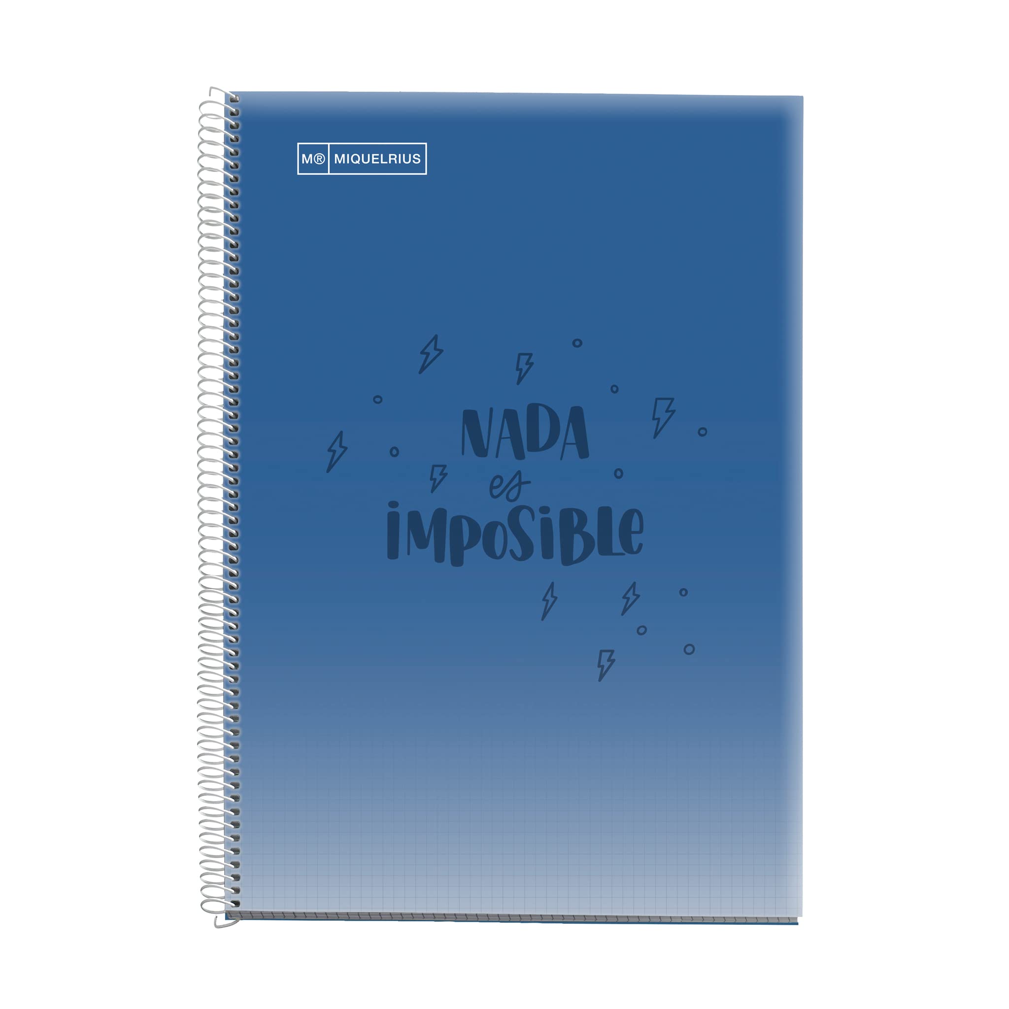 Miquelrius - Cuaderno escolar cuadriculado, Cubierta polipropileno translúcido, 80 Hojas 90 g/m², Espiral, Cuadrícula 4 mm con margen, Mensaje motivador, Tamaño folio 215 x 309 mm, Color Azul Marino