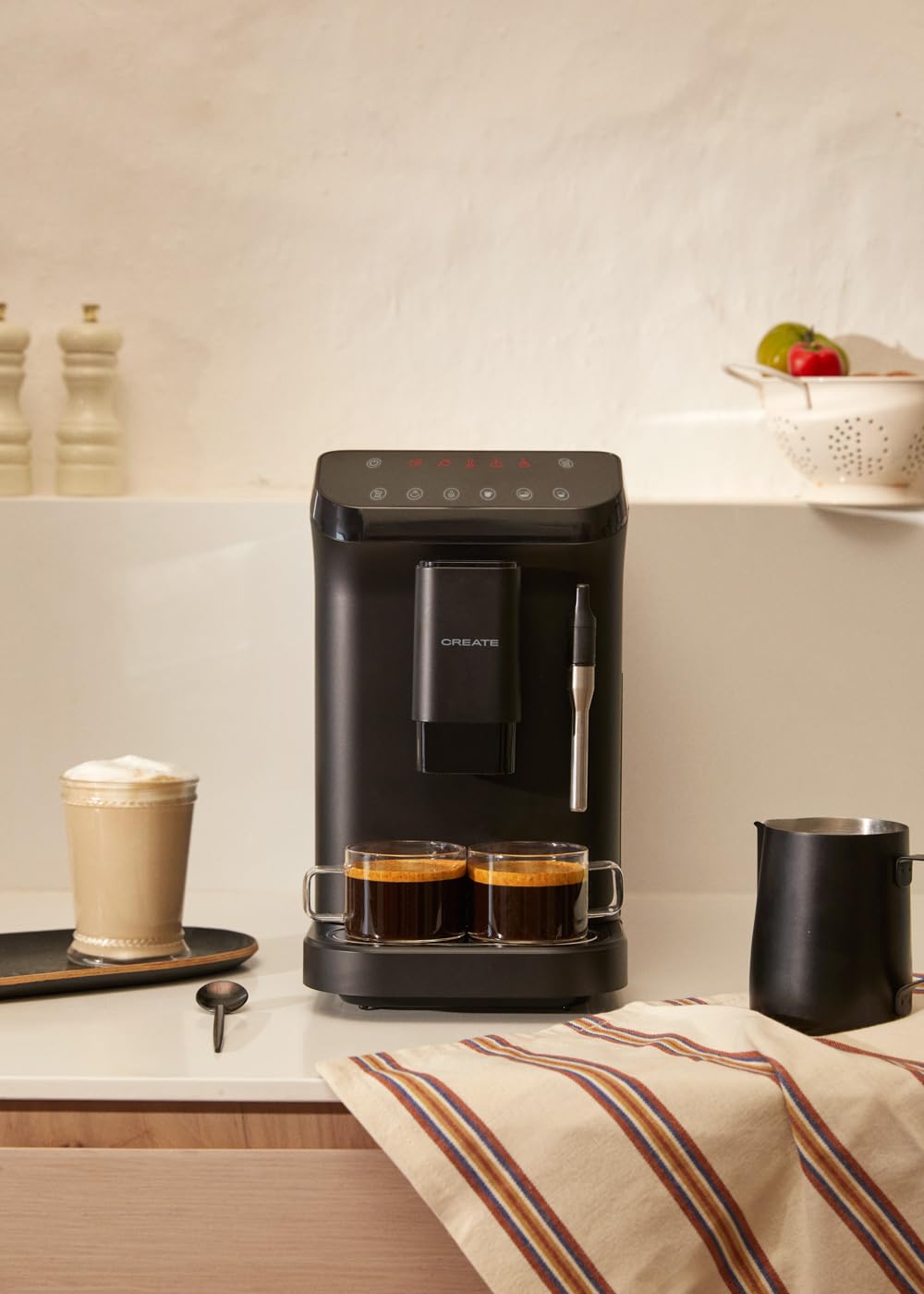 CREATE / THERA MATIC TOUCH/Kaffeevollautomat in Schwarz / 20 bar, 1.5L Tank, 180g Bohnenbehälter, Dampfarm, Touch-Bedienfeld, Selbstreinigungsfunktion, 1350W