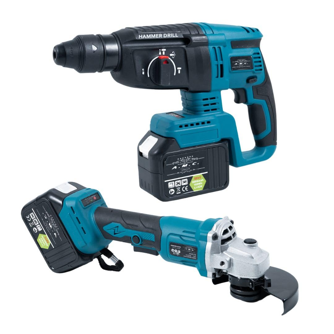 A.M.C. Kit Professionale Fai da Te 5 in 1 con Trapano Avvitatore a Batteria, Trapano a Percussione a Batteria Smerigliatrice Angolare, Trapano a Martello e ad Impulsi Svita Bulloni Luce Led 88v