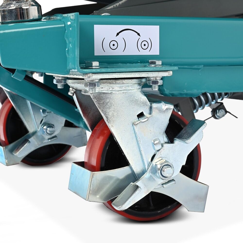 Ameise Scheren-Hubtischwagen LTT | 285-880 mm Hubbereich | 500 kg Tragkraft | 850x500 mm Plattform | Fahrbarer Hubtisch mit festem Bügel | Fußbetriebene Hydraulikpumpe | Stahl | Türkisblau