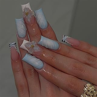 24 Pcs Handmade Press on Nails Long Square Nail Tips,YEFIUO Zebra Print French Acrylic Fake Nails Press ons 3D Flower Nail Charms Design Glue on Nails Full Cover Reusable False Nails Art Kit for Ma'am