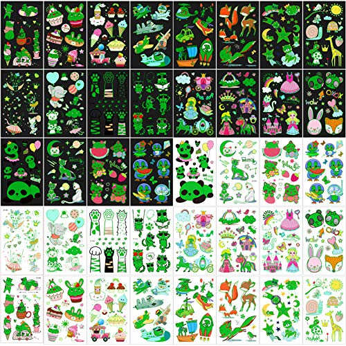 Konsait 180pcs Kids Temporary Tattoo, Glow In The Dark Mixed Style Cartoon Tattoo, Luminous Ballet Butterfly Unicorn Animal Space Fake Tattoo for Birthday Summer Children's Day Party Favors Supplies