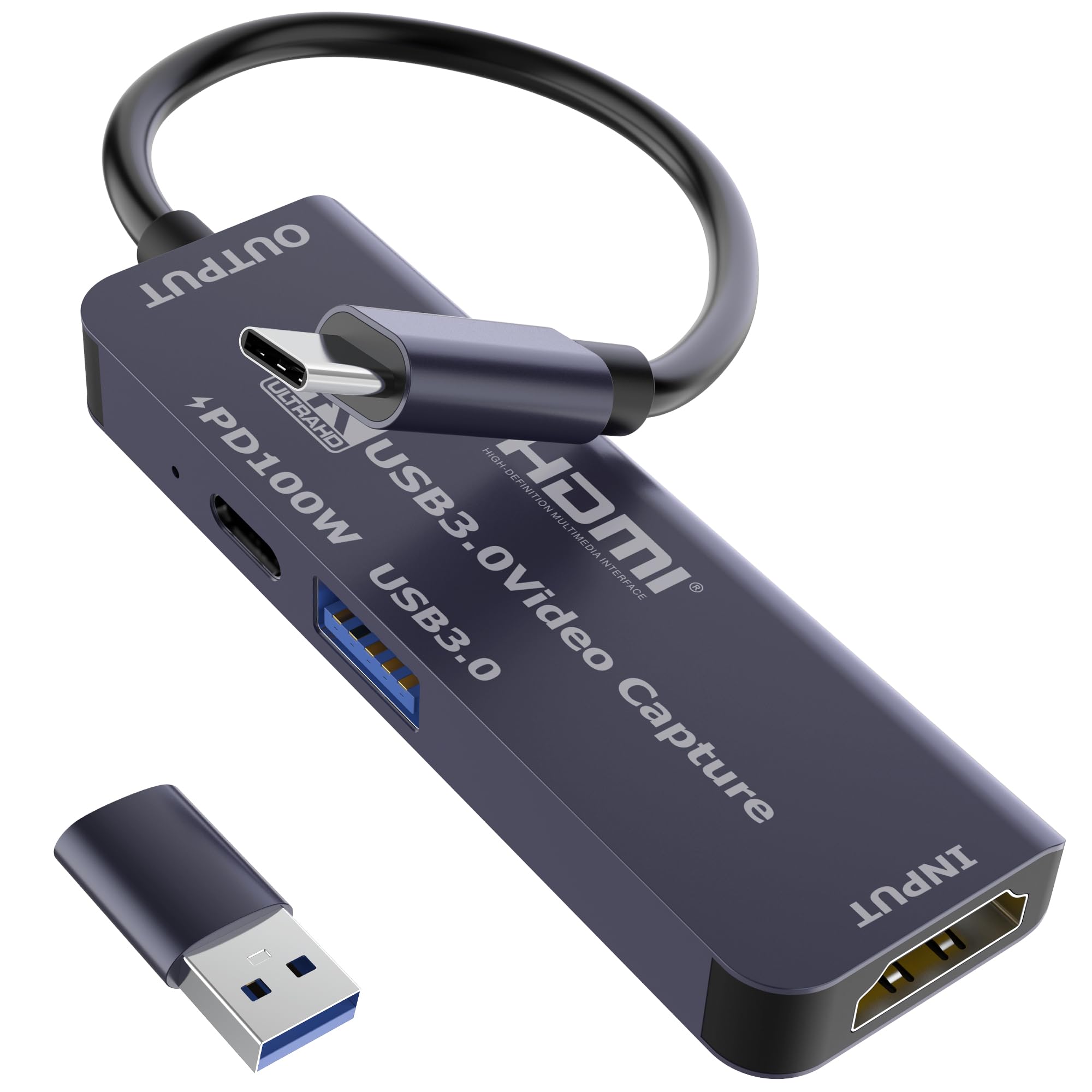 USB 3.0 Video Capture Card with PD 100W, Recording 4K, 1080P 60FPS, HDMI to USB-A/USB-C Capture Card with USB 3.0 Port for Quest 3, Switch, PS5/4, Camera, Xbox, Tablet PC
