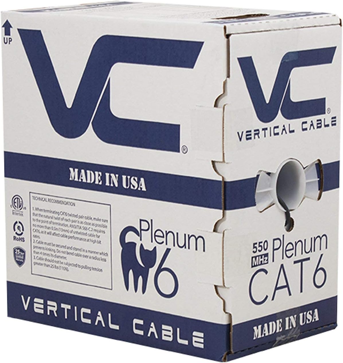 Vertical Cable CAT6, 550 MHz, UTP, 23AWG, 8C Solid Bare Copper, Plenum, 1000ft, Bulk Ethernet Cable - Made in USA, Black