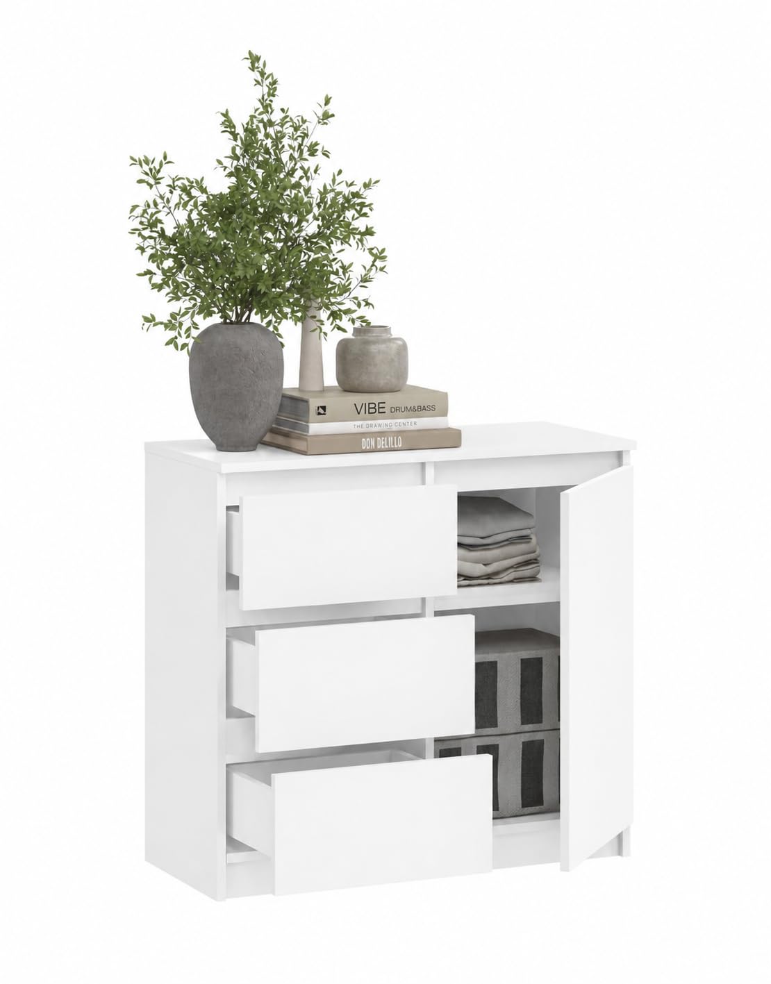 Cassettiera moderna credenza multiuso per camera da letto, corridoio, soggiorno, ufficio, bianco, 80 x 97 x 40 cm, 1 ante 3 cassetti)