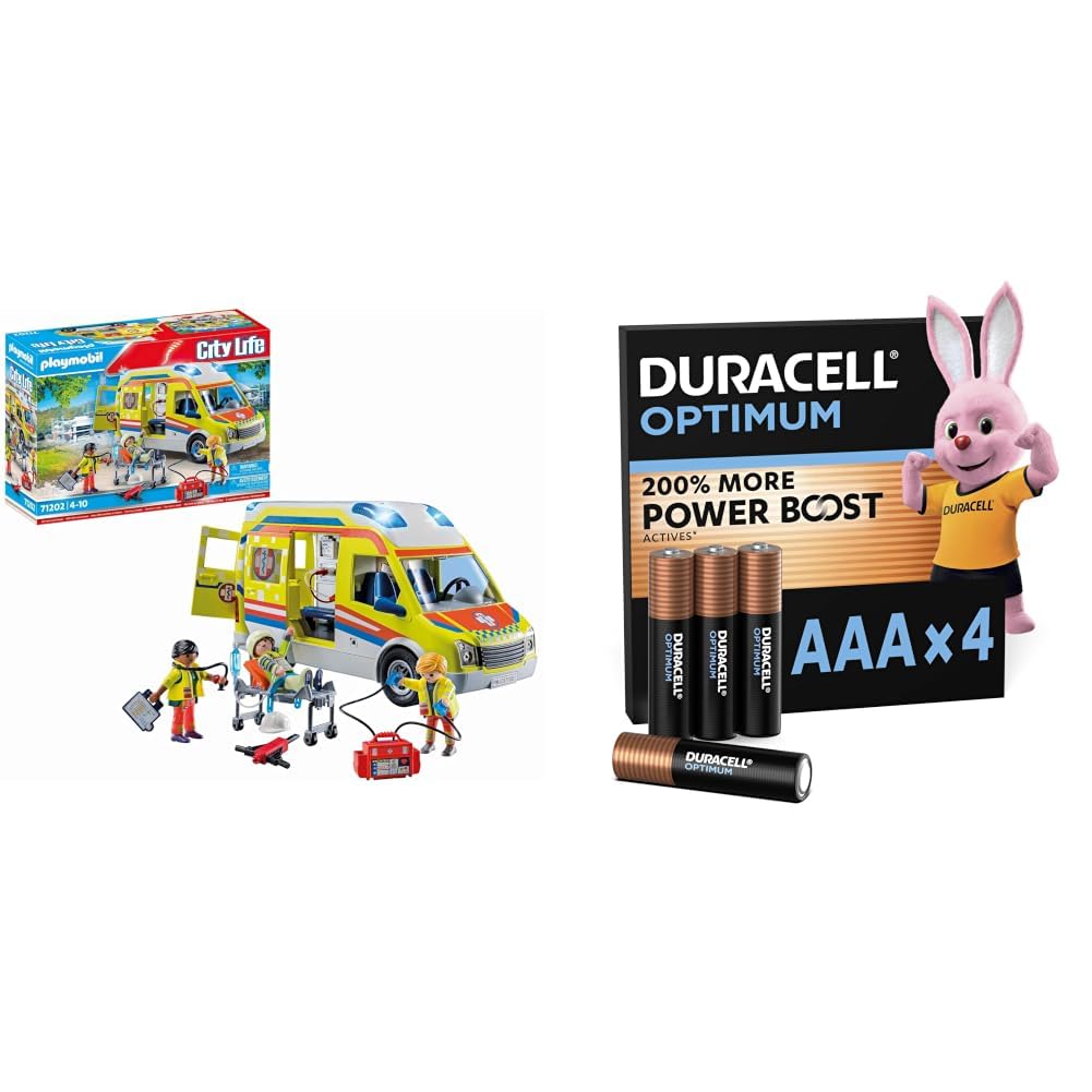 PLAYMOBIL City Life 71202 Ambulanza, con luci e Suoni, Giocattolo dai 4 Anni + Duracell Optimum confezione da 4 AAA