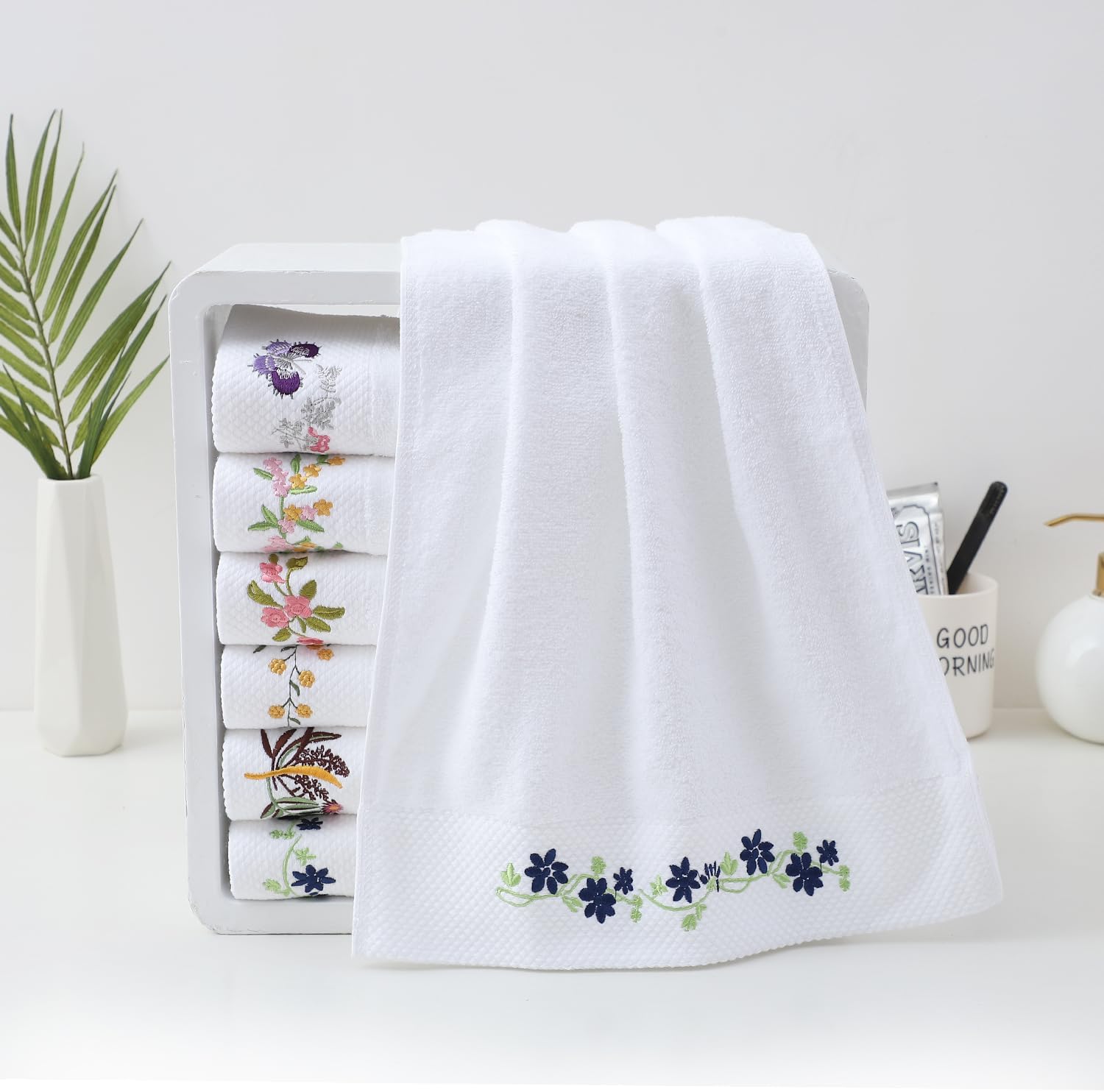 Pidada Hand Towels Set of 2 Embroidered Floral Pattern 100% Cotton Absorbent Soft Decorative Towel for Bathroom (White Pattern 5) - Image 2