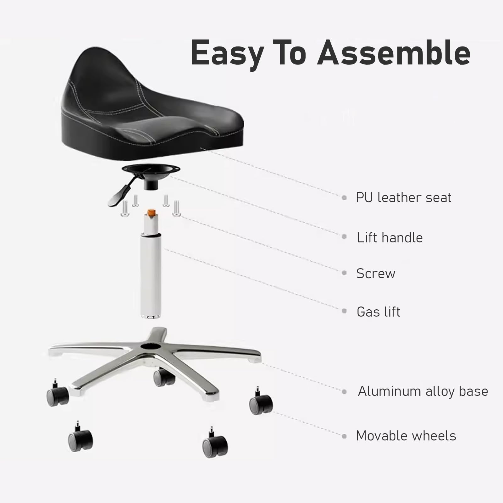 Poszerzony stołek siodłowy z kółkami, ergonomiczny stołek obrotowy ze skóry PU, do salonu, tatuażu, masażu, biura - 36-50 cm