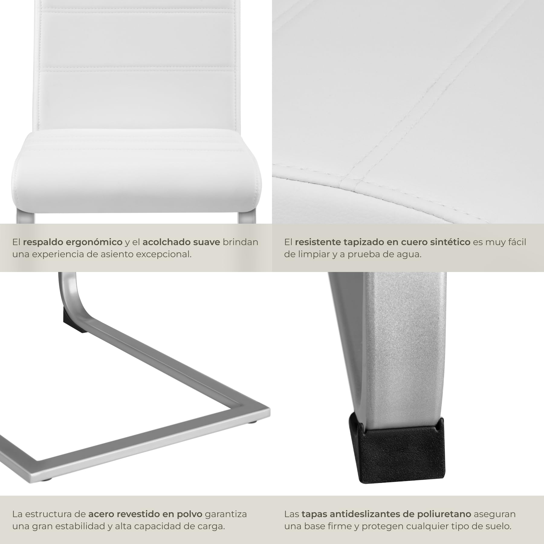 tectake® Conjunto de Sillas de Comedor, Diseño Moderno, Asiento y Respaldo Acolchado, Piel Sintética, Alta Capacidad,Montaje Rápido, Sillas Cocina, Silla Comedor - 4 Sillas Blanco