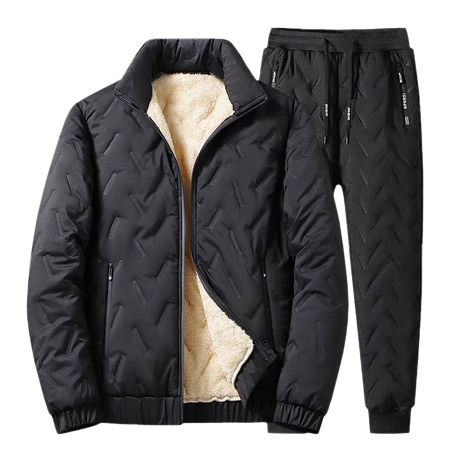 Set di piumino e pantaloni da jogging da uomo, in pile, impermeabile, spessa, con colletto alto, in piumino, per l'inverno, per attività all'aperto, set da due pezzi