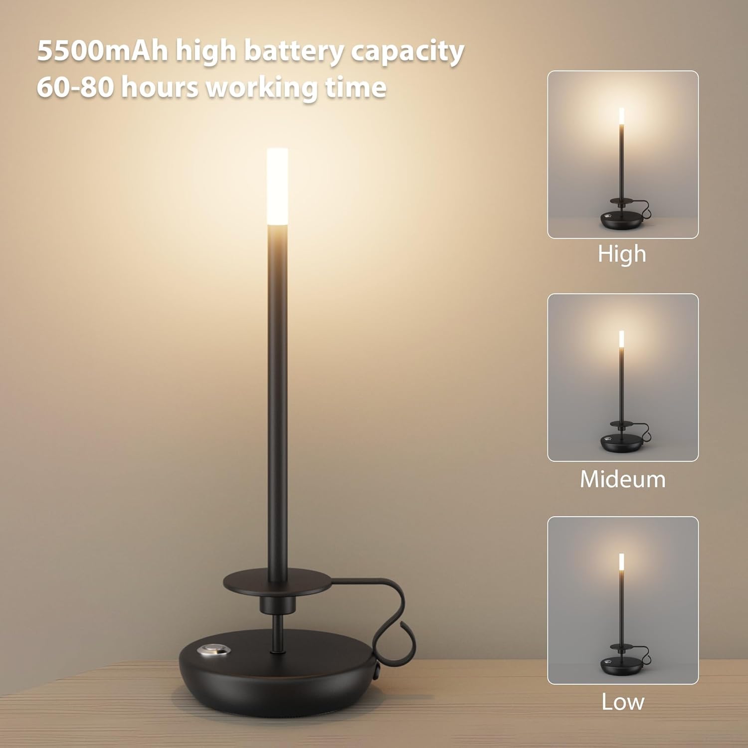 2 Pack Cordless LED Table Lamp, Battery Powered Stepless Dimmable Rechargeable Table Lamp for Dinner/Dining/Bedroom/Bar/Camping(Black)