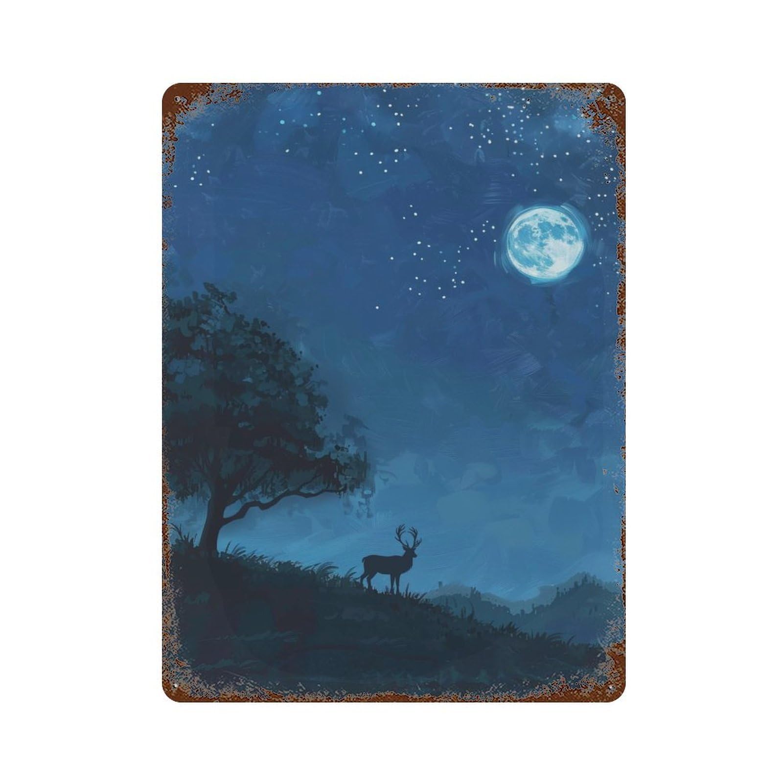 Aged Metal Wall Plaque with Deer Under Starry Sky Design 15.7"x11.8", for Farmhouse, Kitchen And Entryway Decor, Old School Wall Decor