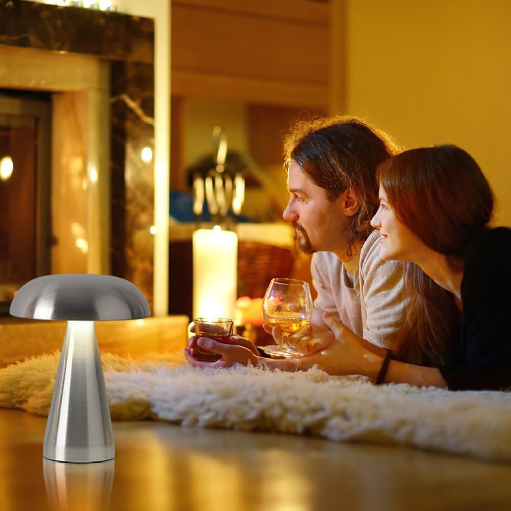 Pilz Tischlampe Kabellos Akku Pilzlampe USB Aufladbar Batterie Pilz Lampe Dimmbar mit Touch Control Tischleuchte Innen und Außen Flowerpot Lampe für Schlafzimmer Kinderzimmer Camping,Silber