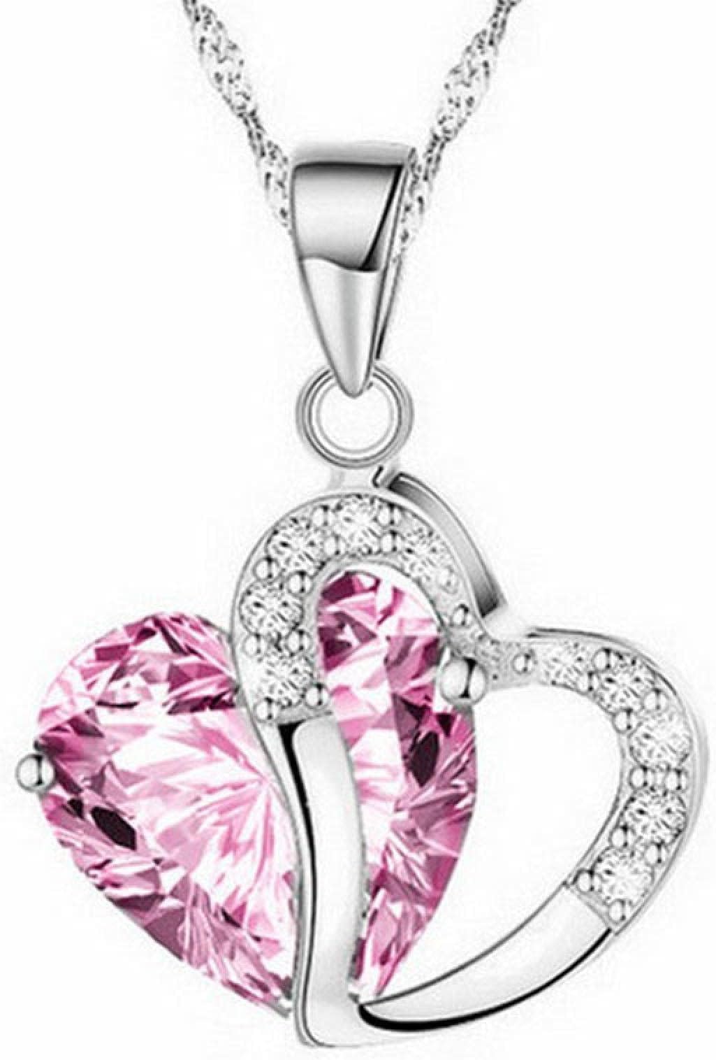 Sterling Silver Amethyst Purple Heart Crystal Pendant Necklace-Pink