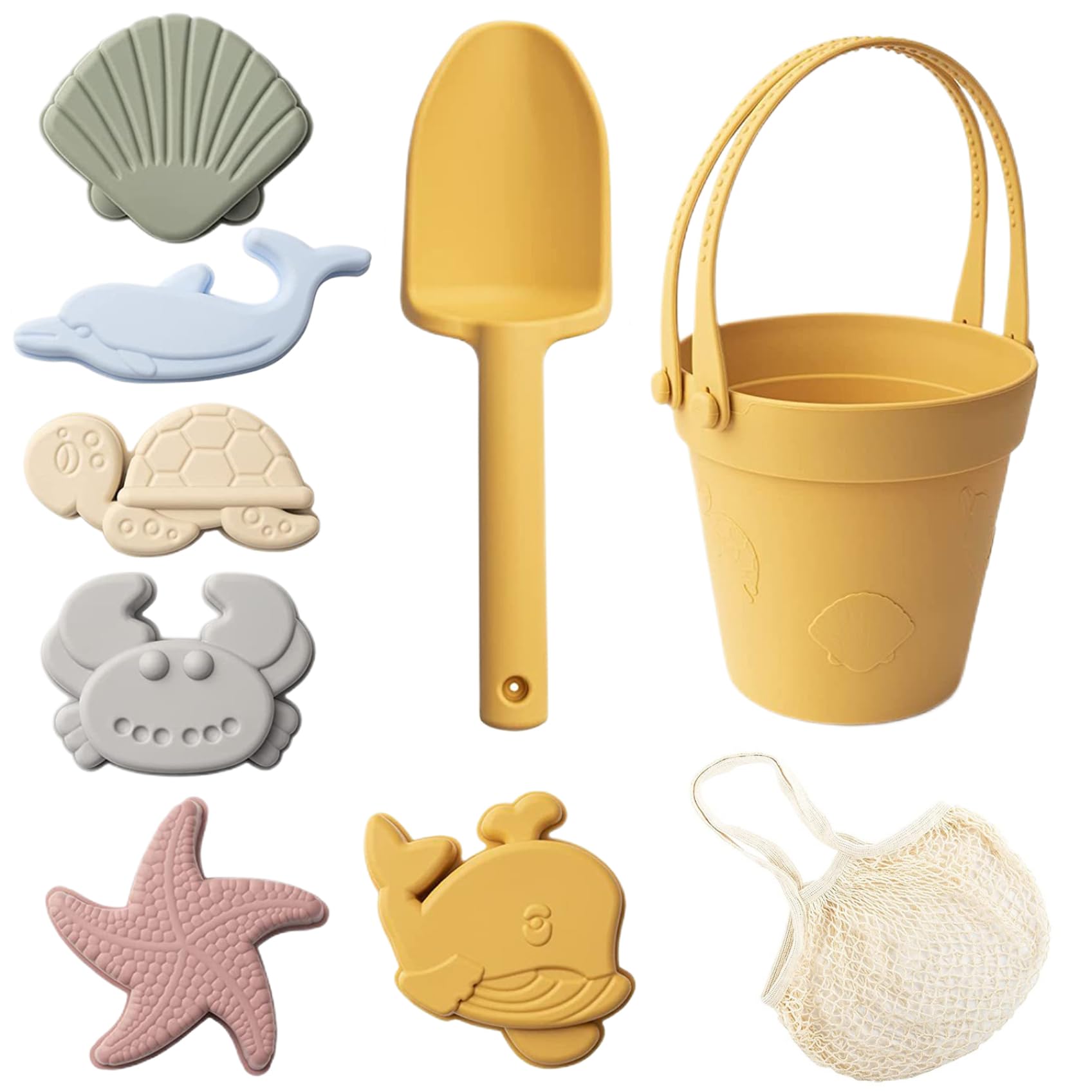 Otbushit 8PCS Sand Toys for Kids Safe Silicone Beach Toys with Shovel Bucket and Sand Molds Waterproof Box for Travel Summer Outdoor Yellow