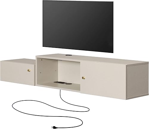 Miniatura 9 de WAMPAT Soporte de TV flotante con estación de carga, centro de entretenimiento montado en la pared con luz amarilla con almacenamiento, centro de