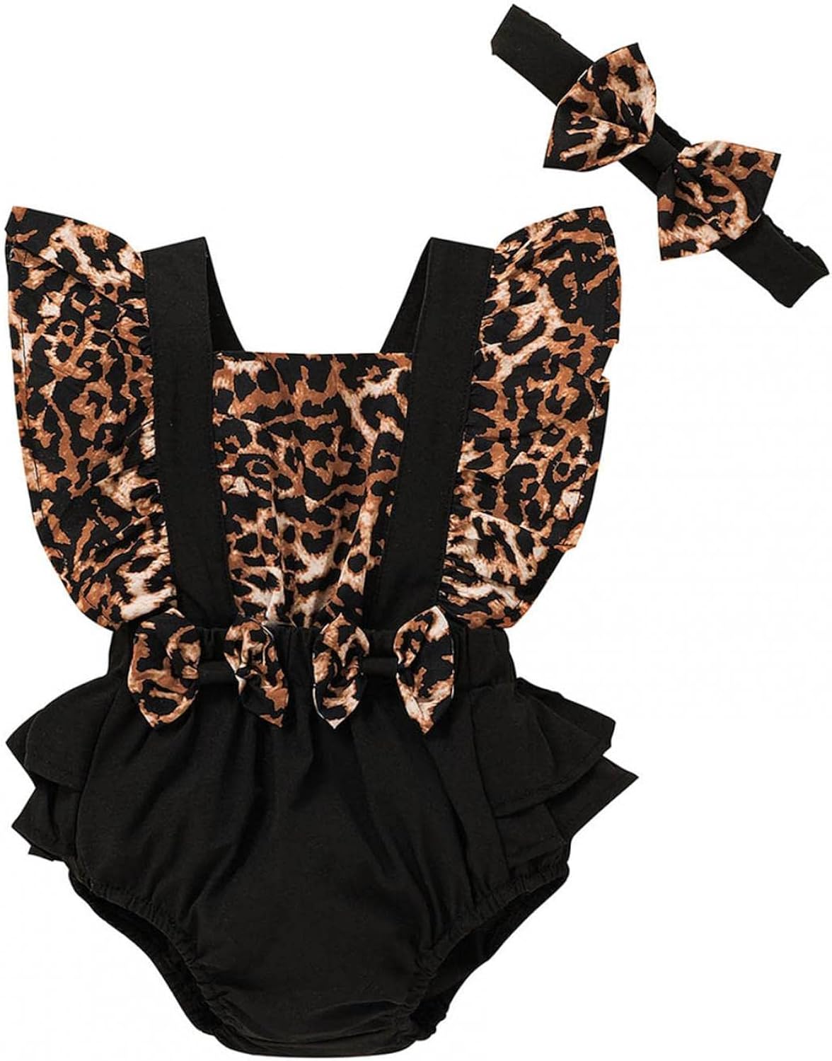 ベビー服 カバーオール 子供 赤ちゃん服 女の子 80 ロンパース ヘッドバンド 2点セット フライスリーブフリル ジャンプスーツ 新生児 肌着 普段着 可愛い 夏用 パジャマ 薄手 快適 子供服 豹纹印花 オーバーオール