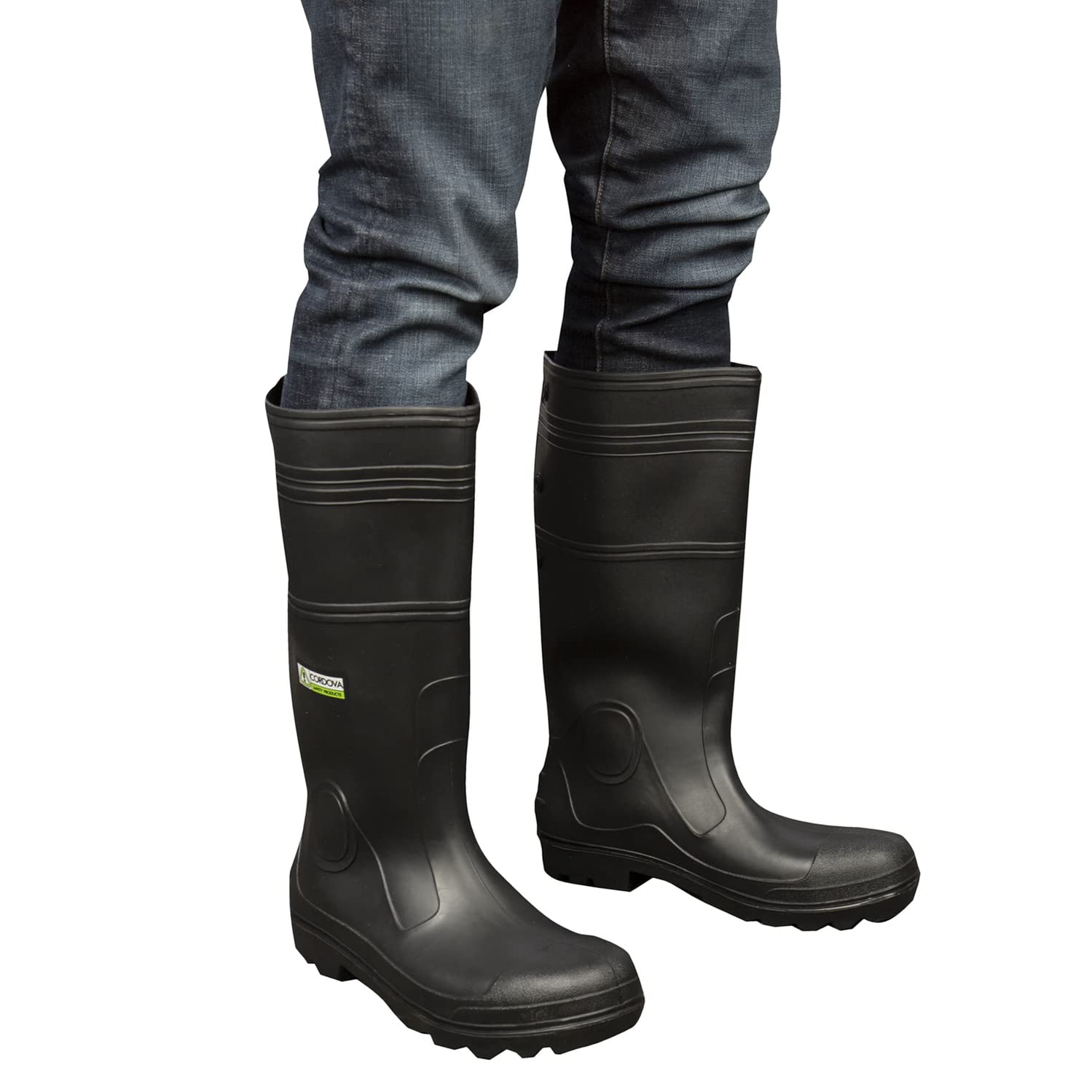 Black Boots with Black PVC Sole, Eva Insole, Plain Toe, Unlined, 16-Inch Length, Over-The-Sock Style