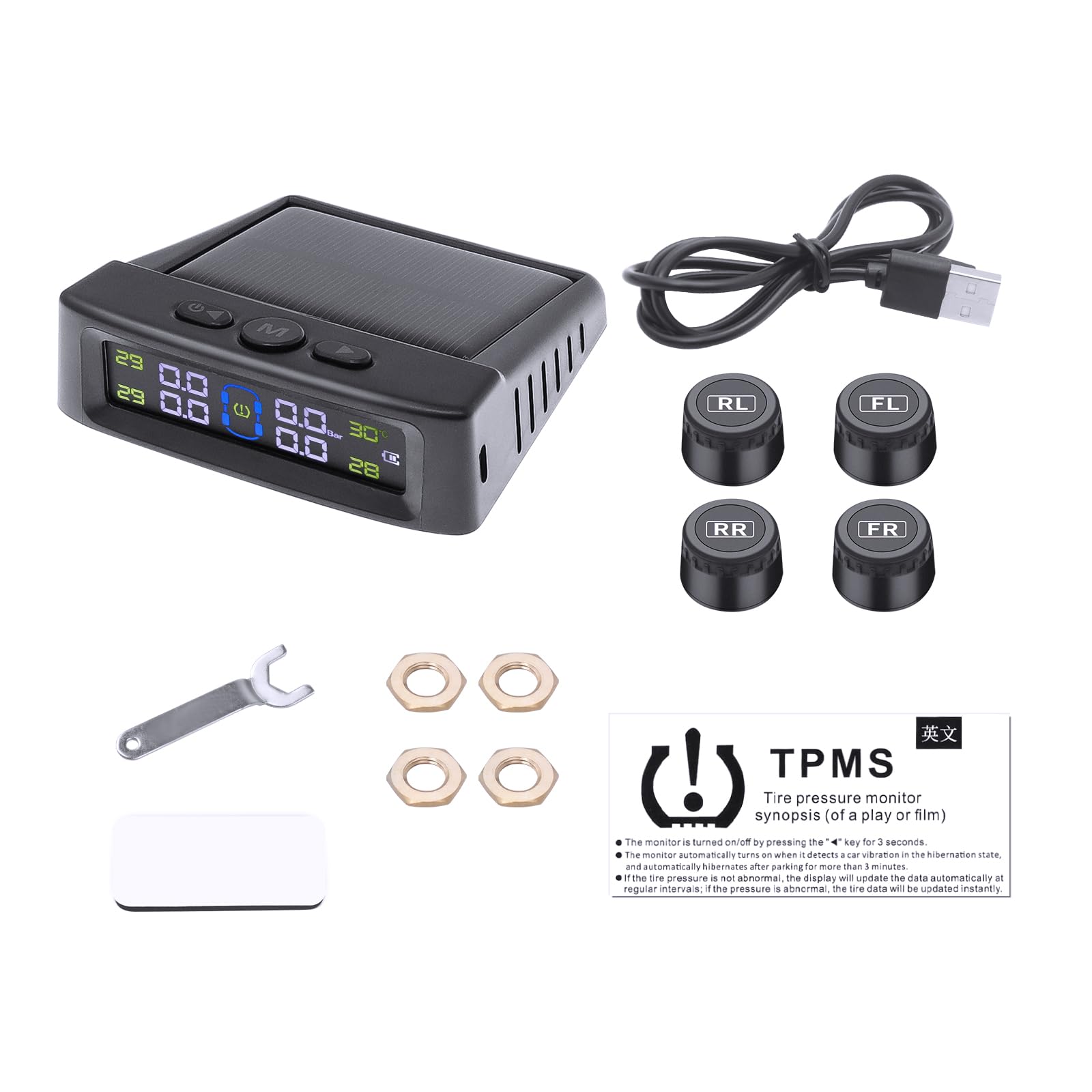 0-5bar Sistema di Sensori di Monitoraggio della Pressione degli Pneumatici TPMS Monitoraggio Solare Senza Fili con 4 Gomme Sensori Esterni 4 Modalità di Allarme per Auto SUV Camper