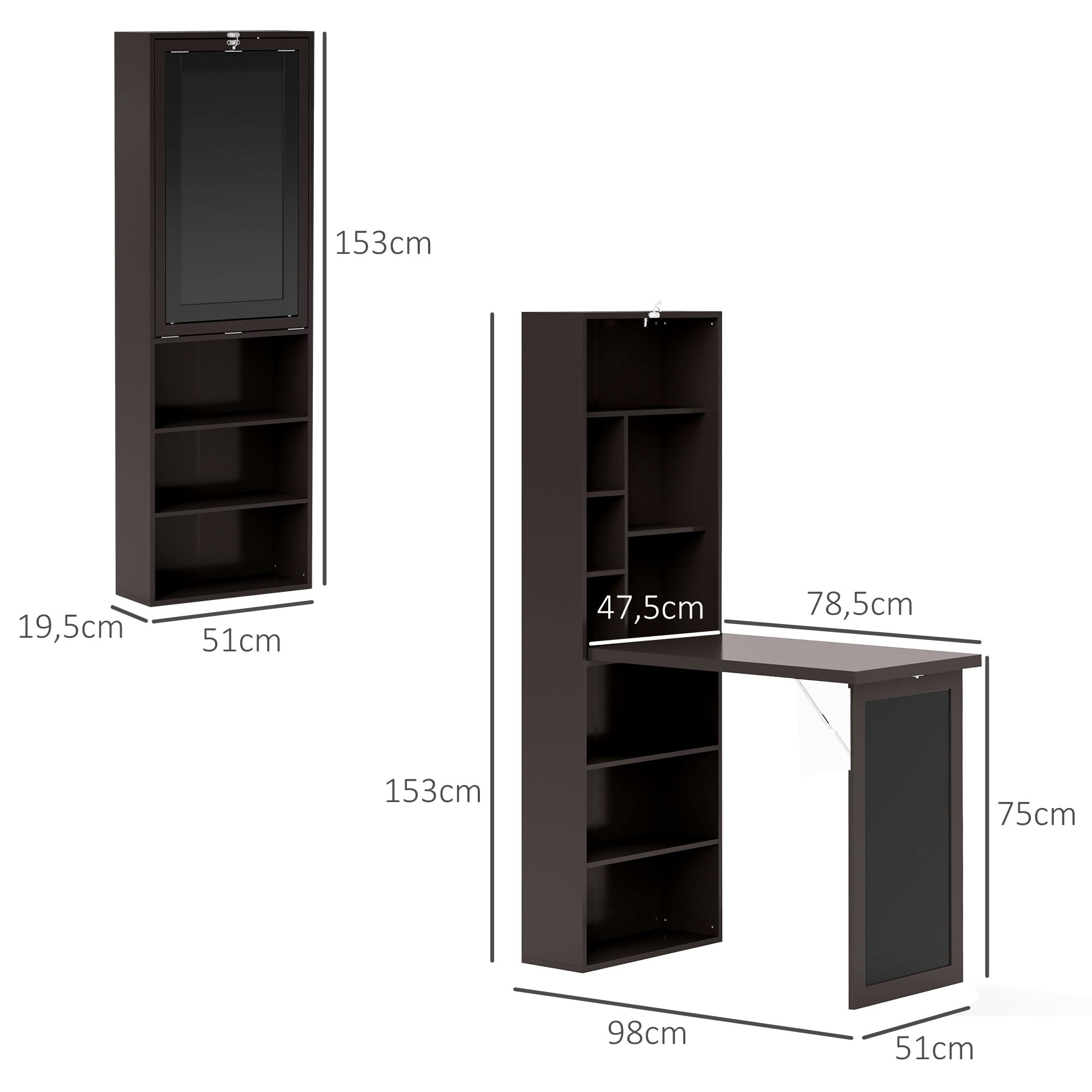 HOMCOM Escritorio Computadora Plegable, Escritorio con Biblioteca, Estación de Trabajo, Mesa Negro, 9 Compartimentos Abiertos y Estante Ajustable, Mesa de Ordenador para Dormitorio, 98 x 51 x 153 cm