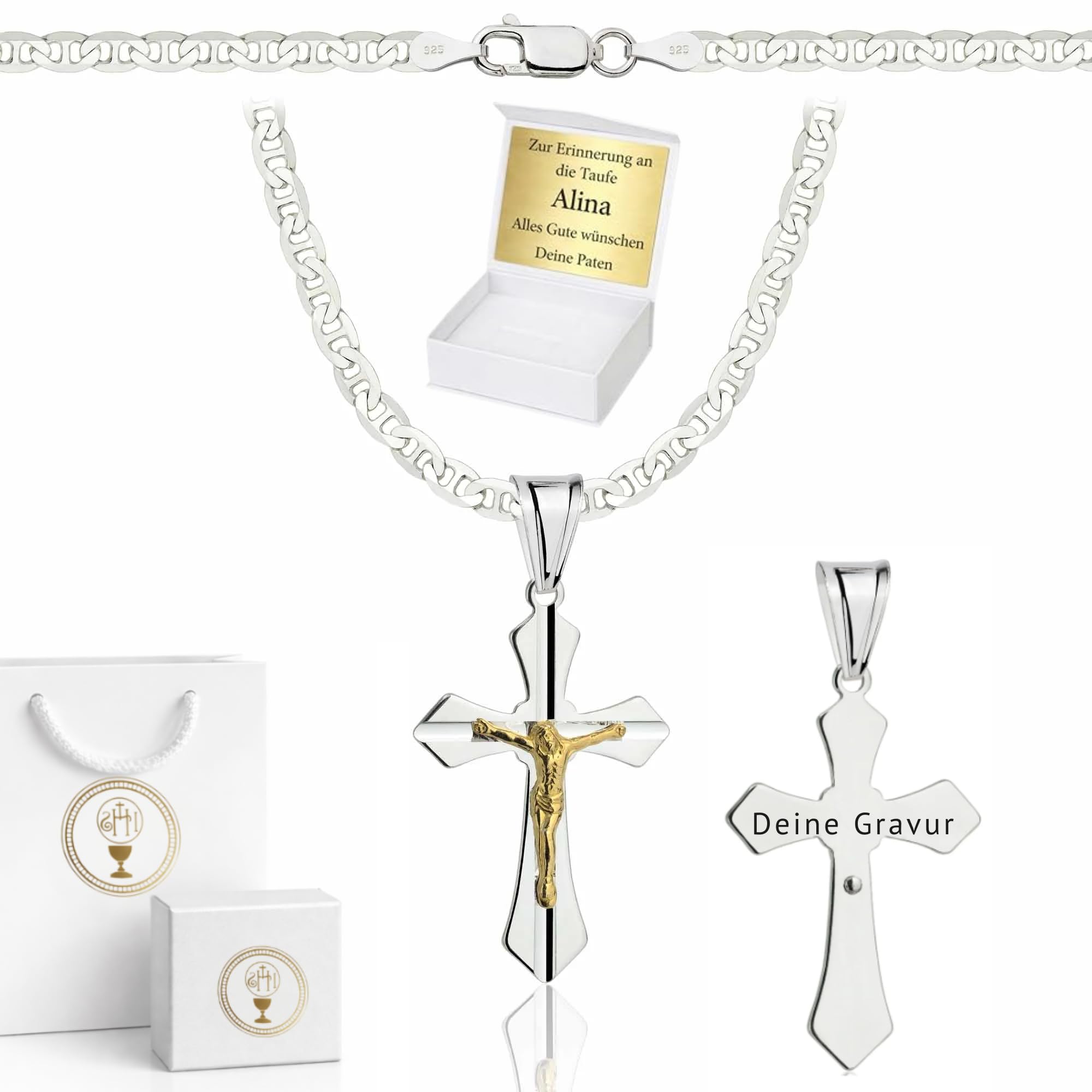 ZELYA Cadena de plata con cruz de plata 925 cadena de eslabones para niñas y niños – Cadena de comunión con cruz de 45 cm, cadena infantil para comunión y bautizo, caja de regalo con grabado, 45 cm