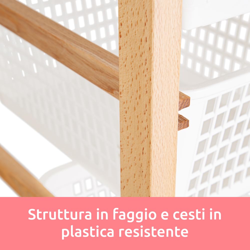 Compactor Carrello con Ruote Portatutto in Faggio con Cesti in Plastica – Carrello Cucina Mobile Salvaspazio 30x44x88 cm
