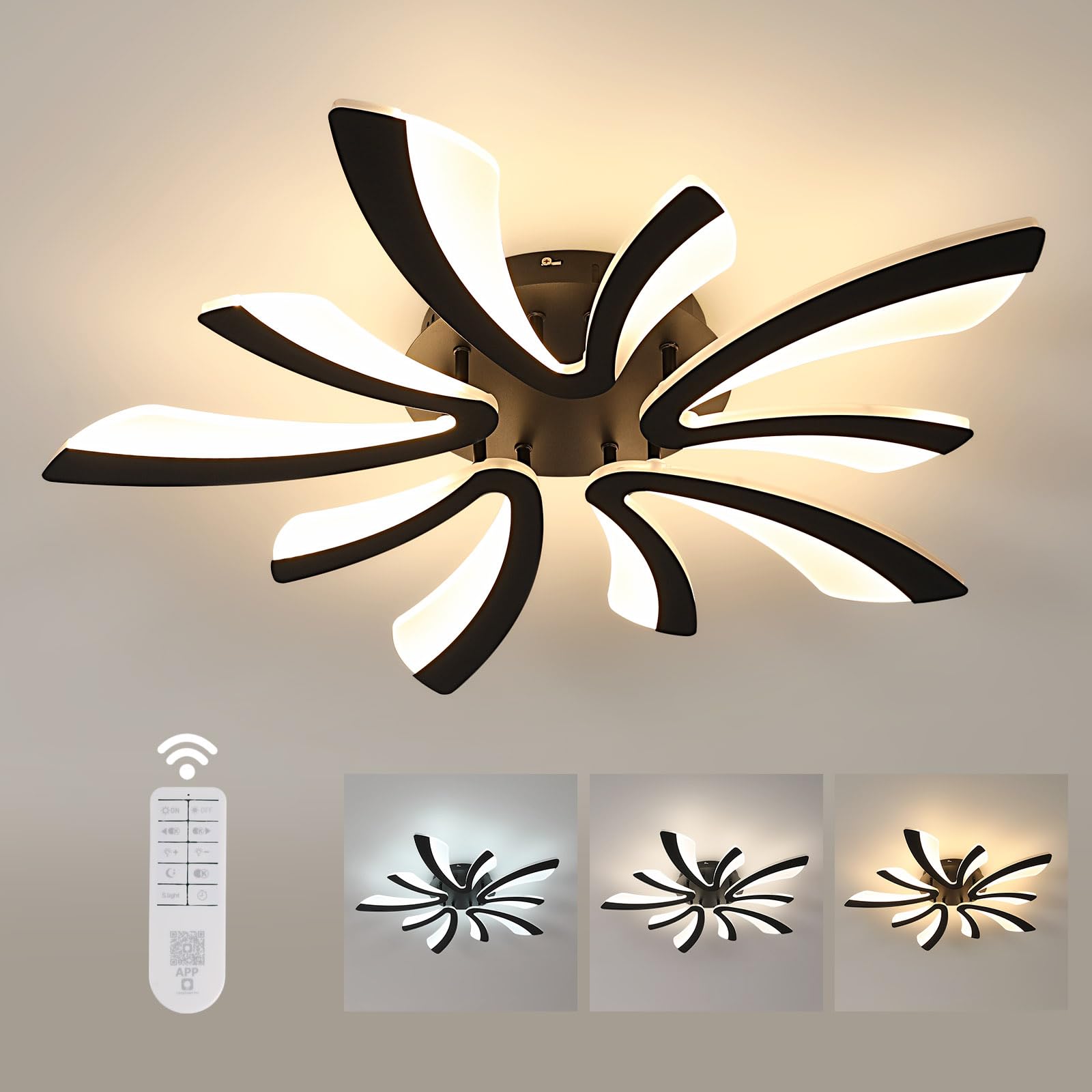 Comely Dimmable LED Ceiling Light 48W 5400LM with Remote Control, Modern Living Room Lamp for Bedroom Living Room, 70cm, Dimmable 3000K-6500K, Black