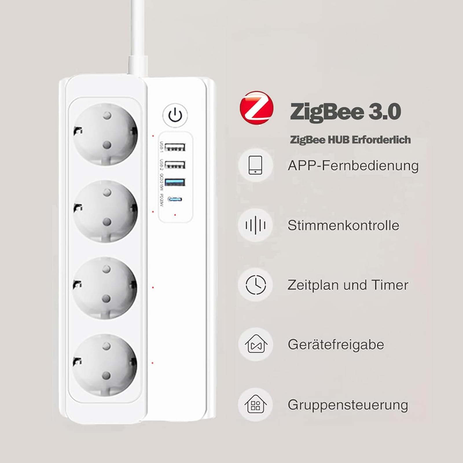 ZigBee Mehrfachsteckdose, Überspannungsschutz, 1,5 m Verlängerungskabel, Vier USB-Anschlüsse (DREI USB-A und EIN USB-C), kompatibel mit Home Assistant, 2MQTT, ZHA, Alexa und Google
