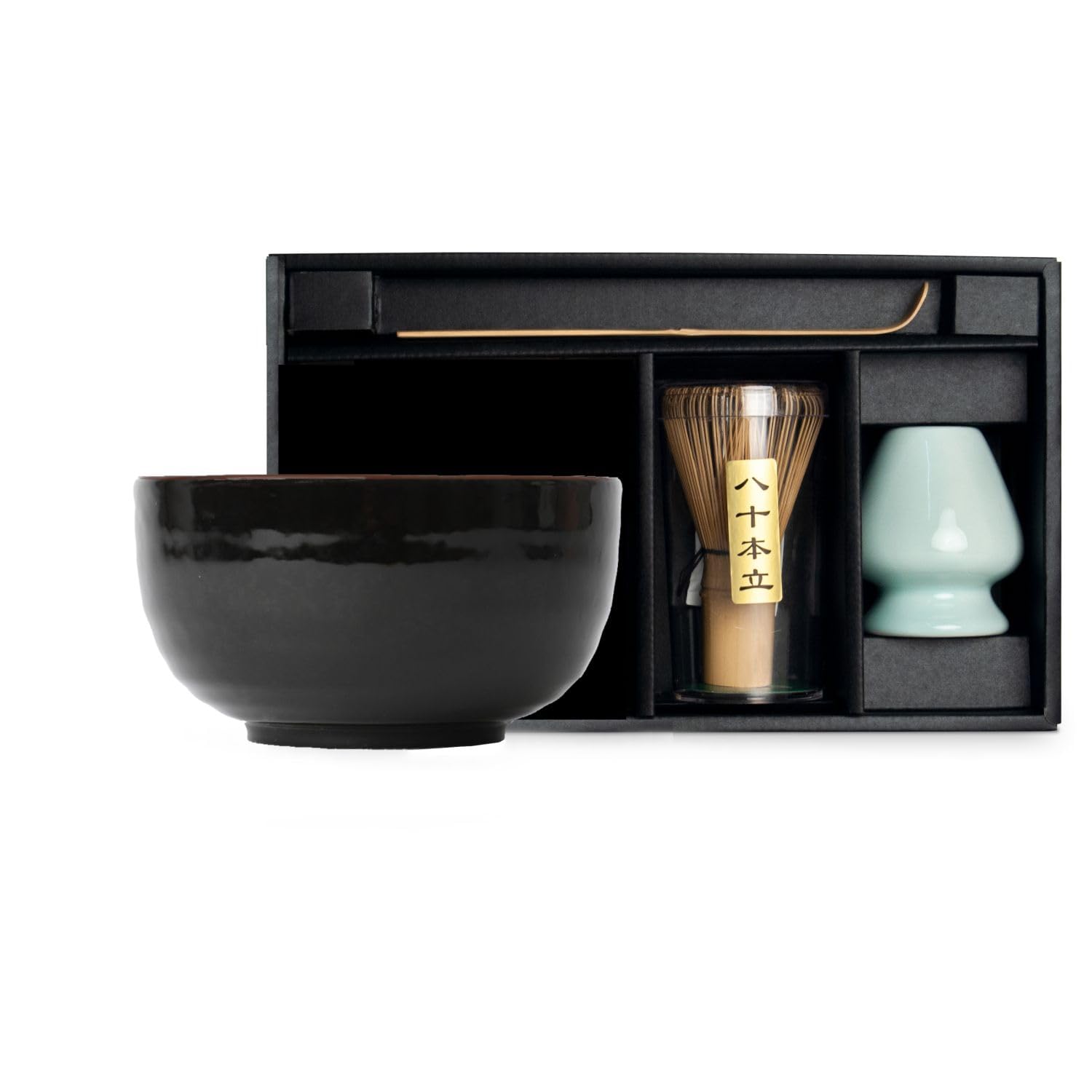 Matcha Schale Set KINTEN in Geschenkbox Matchaschale aus Japan inklusive Bambus Besen, Bambus Löffel und Besen Ablage in Geschenkbox Schwarz Gold