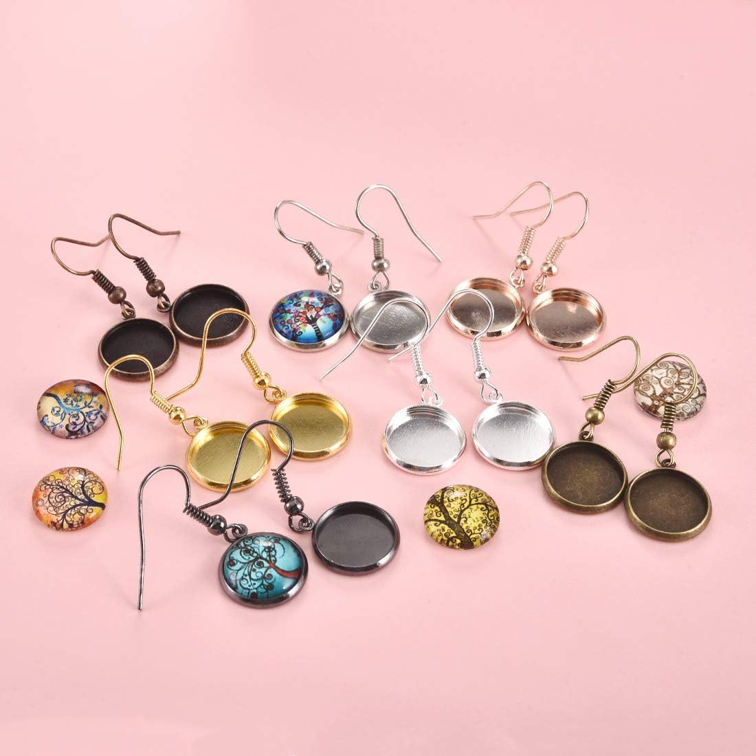 LANBEIDE 12mm Earring Wire Hooks with Glass Cover Cabochon Setting, 84 PCS 7 Colors Alloy Earring Bezel Trays for Jewelry Making