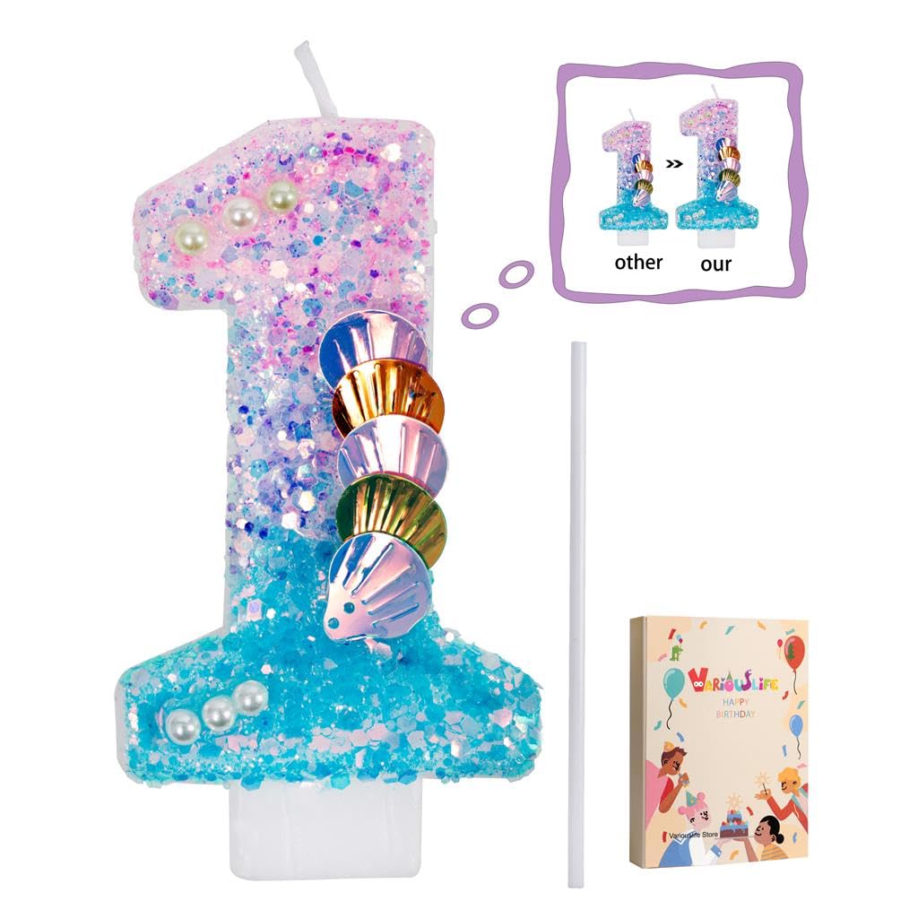 Vela de primer cumpleaños para niña – Sirena número 1 velas decoración de pastel para fiesta bajo el mar – Vela brillante con perlas y conchas – Variouslife