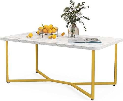 Giantex Mesa auxiliar de mármol blanco, mesa central rectangular de 42 pulgadas de largo con estampado de mármol sintético y marco de metal con