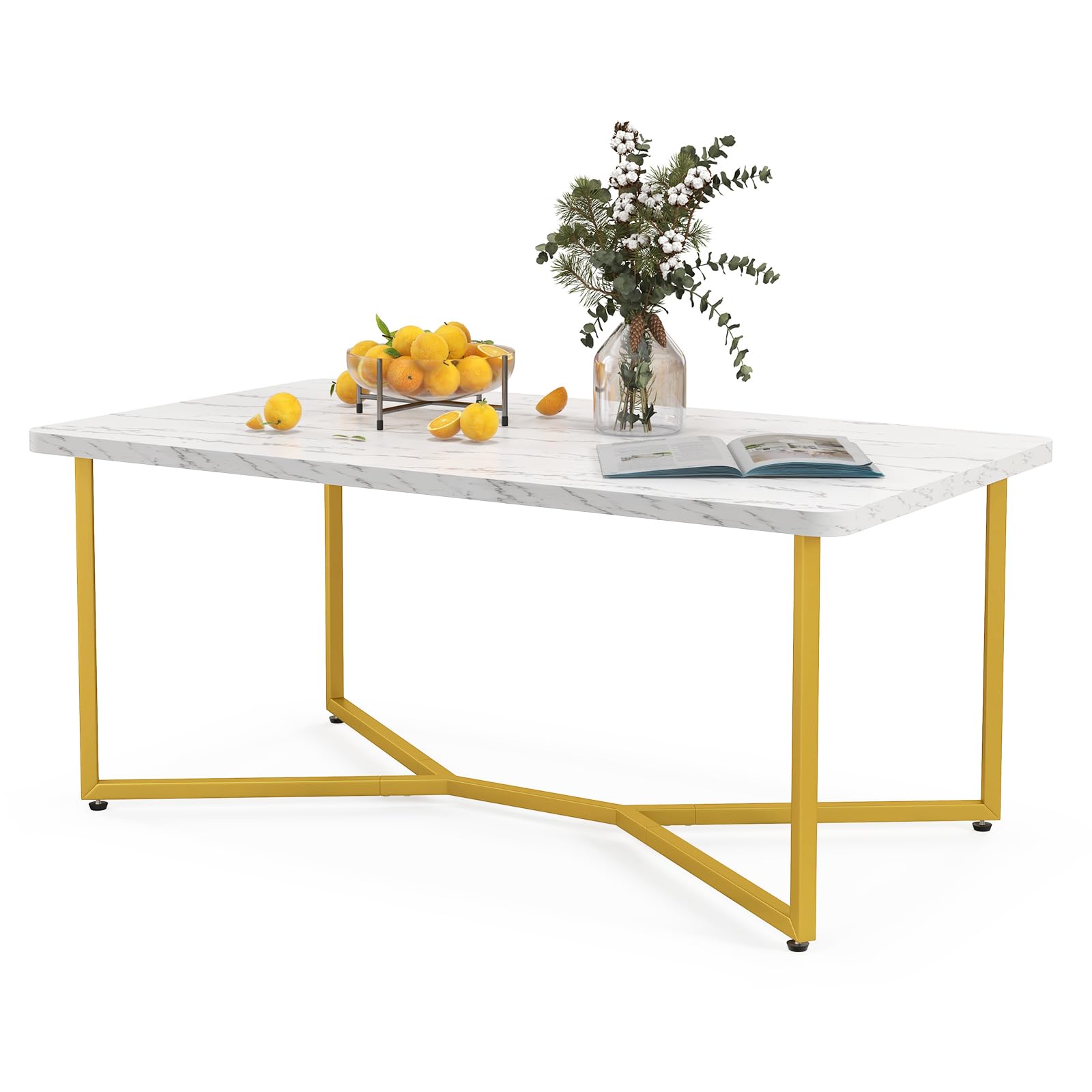 LIFEZEAL Tavolino da Salotto, Oro Bianco, con Effetto di Marmo, Tavolino da Caffè, Tavolino Basso da Divano, Moderno, Telaio in Acciaio, Max 95 kg, per Soggiorno, Montaggio Semplice, 107x60x45,5 cm