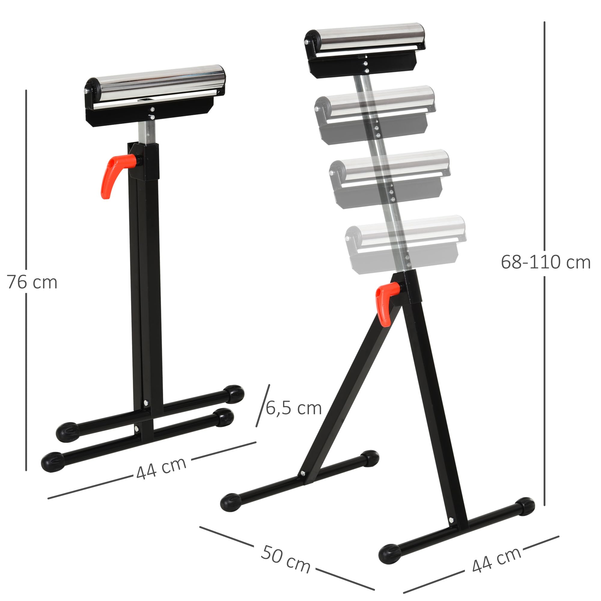 HOMCOM Servante d'atelier à rouleau pliable, lot de 2 supports avec rouleau hauteur réglable 68 à 110 cm, charge max. 90 kg, support de rouleau à billes, noir