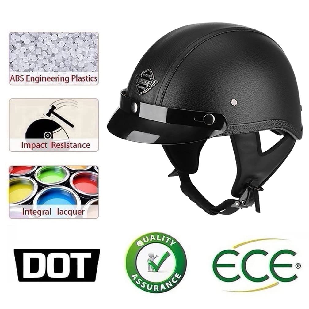 Halbhelme Motorradhelm, Pu-Leder Half Helm Mit Schutzbrille, DOT/ECE-Zulassung Retro Halbschalenhelm, Mit Visier Schnellverschluss，Motorradhelm Halbschalenhelm Mit ECE