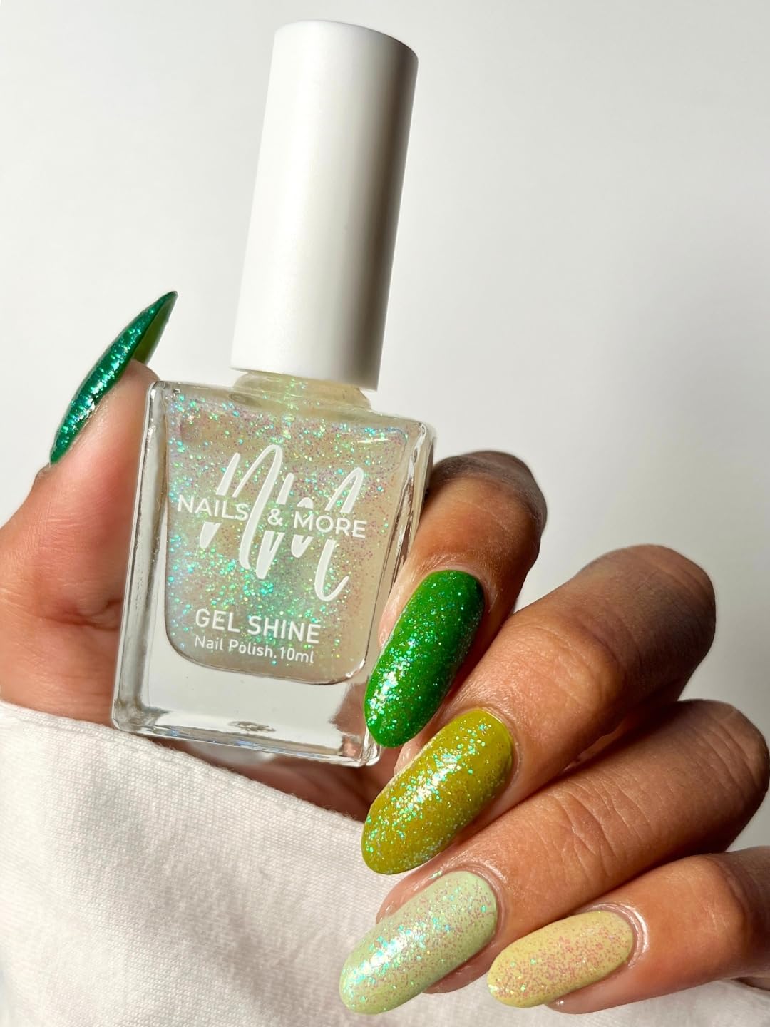 Nails & More Glitter Top Coat Nail Polish – Argan Oil Infused Gel Shine Enamel | 4 Sparkling Overlay Shades or Complete Set | Long-Lasting, Quick Dry, Chip-Resistant, Vegan & Cruelty-Free Nail Paint, 10 Milliliters (06 Glitter Holographic)-image-7