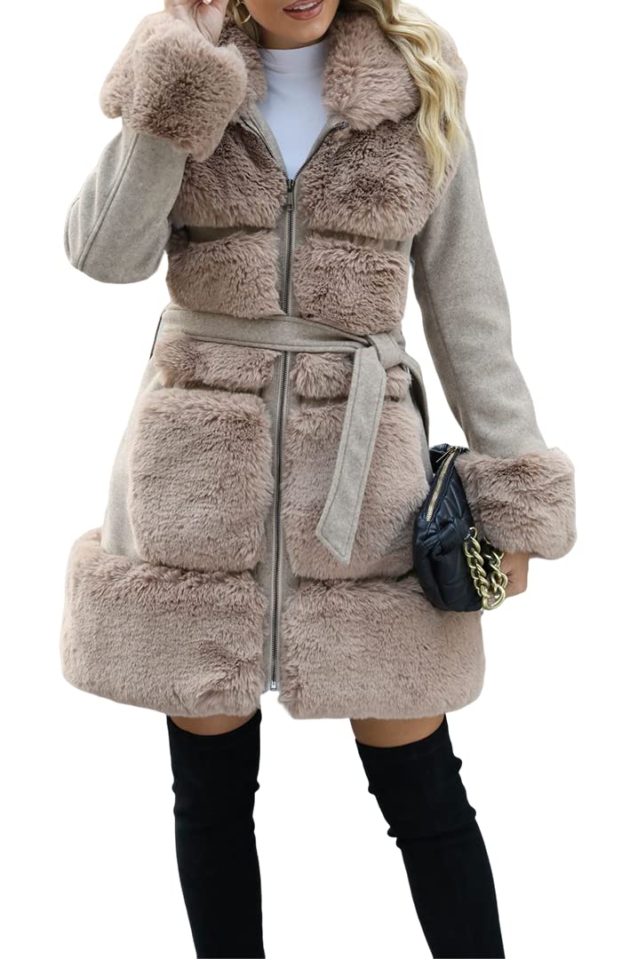 Giolshon Gabardina Larga con Cinturón para Mujer Parka Gruesa de Forro Polar Piel Sintética y Mezcla de Lana Sintética Prendas de Vestir