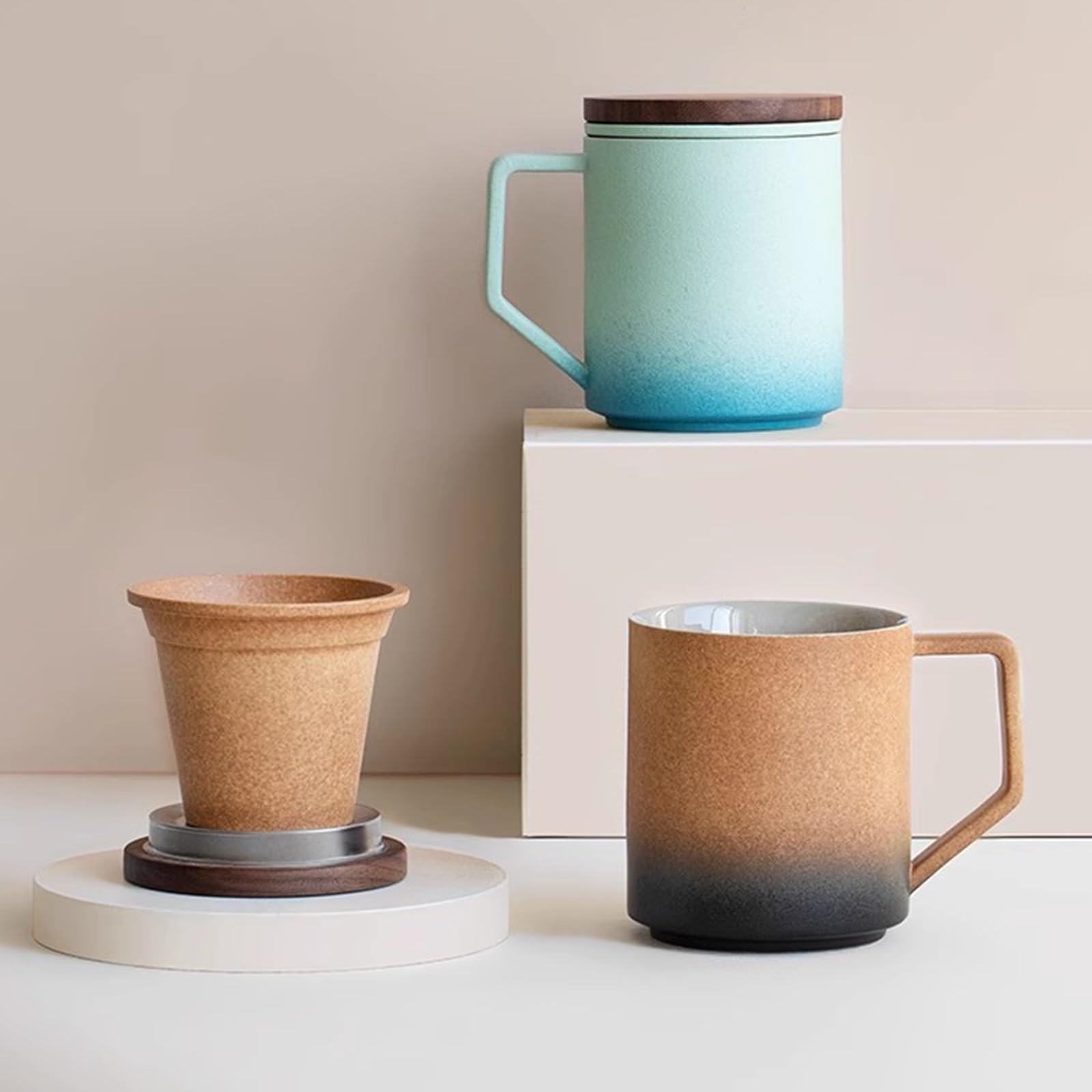 Taza de Café Térmica de 14 Oz con Tapa, Taza Termica Cafe Para Llevar con Asa, Para Bebidas Frías o Calientes, Vaso Para Cafe Para Llevar té de Hojas Sueltas y Colador Para Amantes(Brown)