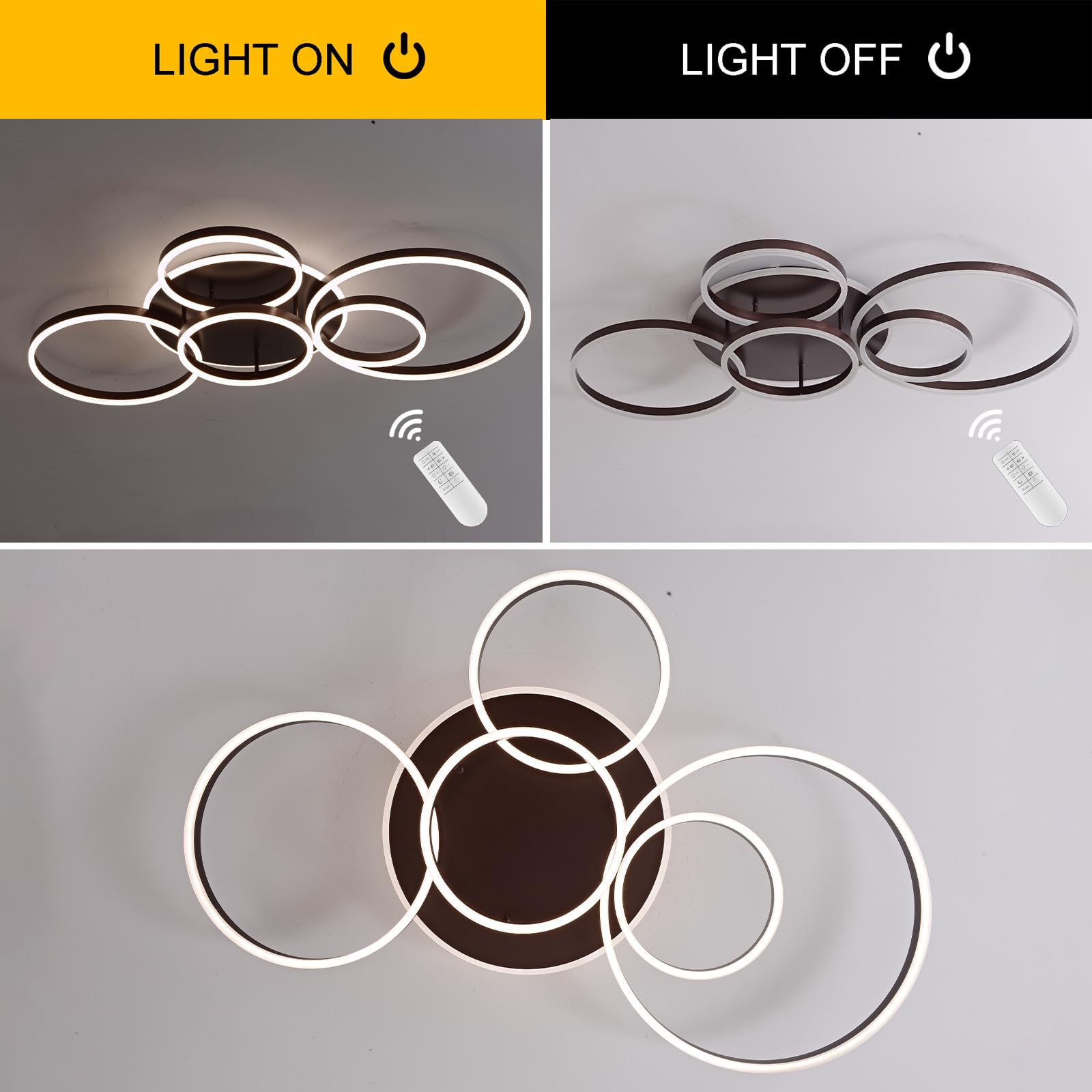 Plafon Led Techo Regulable,Montaje Empotrado 108W 6400Lm LáMpara Techo Con Control Remoto,Moderna LáMpara De ArañA De 6 Anillos Para Sala De Estar Dormitorio Comedor Pasillo,3000-6000K,MarróN