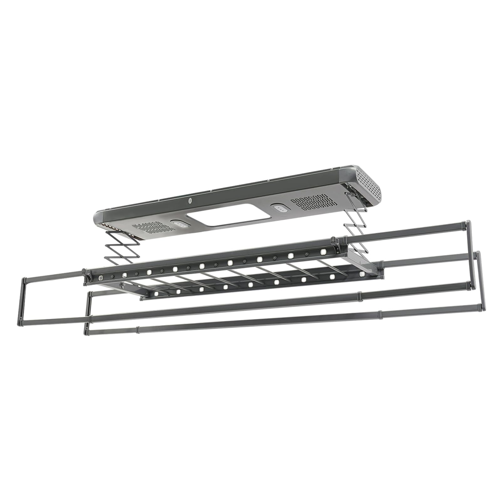 Elektrischer Wäscheständer Ausziehbar mit LED-Licht, Fernbedienung 30-50m, Teleskop-Länge 130-215cm, Absteigende Höhe 110cm, Trockenständer, Deckenwäschetrockner (Grau)