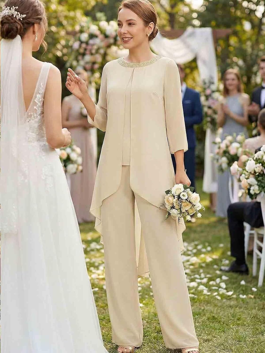 Women's Pant Suits with Jacket Formal Chiffon Mother of The Bride Pant Suits Sparkly Wedding Evening Party