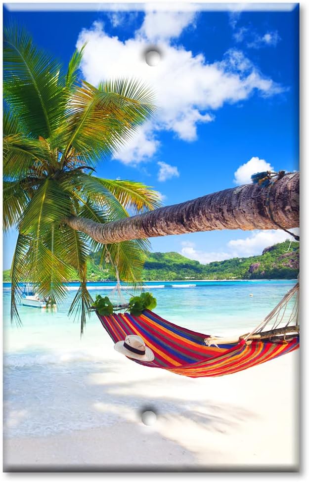 Art Plates - OVERSIZED Switch Plate - OVER SIZE Decorative Metal Wall Plate - 1 Gang Blank - Tropical Beach Palm Tree Hammock - (Made in USA)