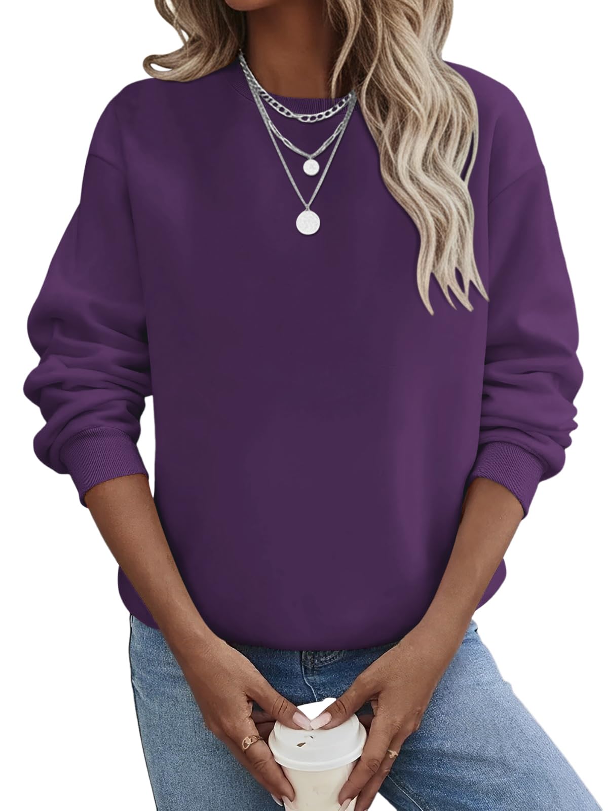 TICTICMIMI Women's Casual Crewneck Sweatshirts Long Sleeve Tops Loose Fit Fall Shirts, Purple, XL