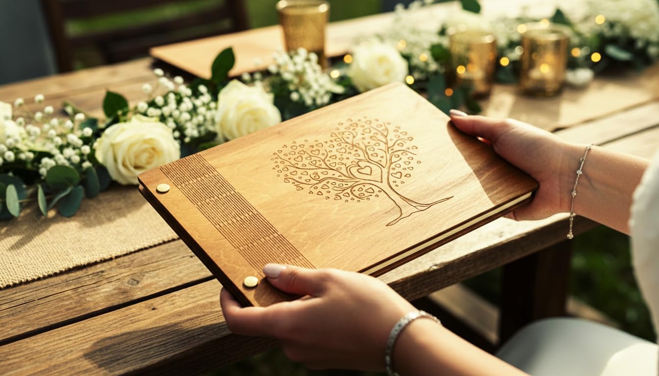 MALONA Libro de Oro de Madera para Boda, Bautismo o Cumpleaños - Libro de visitante / Guest book - Cuaderno de mensajes y recuerdos para todas las ocasiones - Estilo rural con grabado Árbol de la Vida