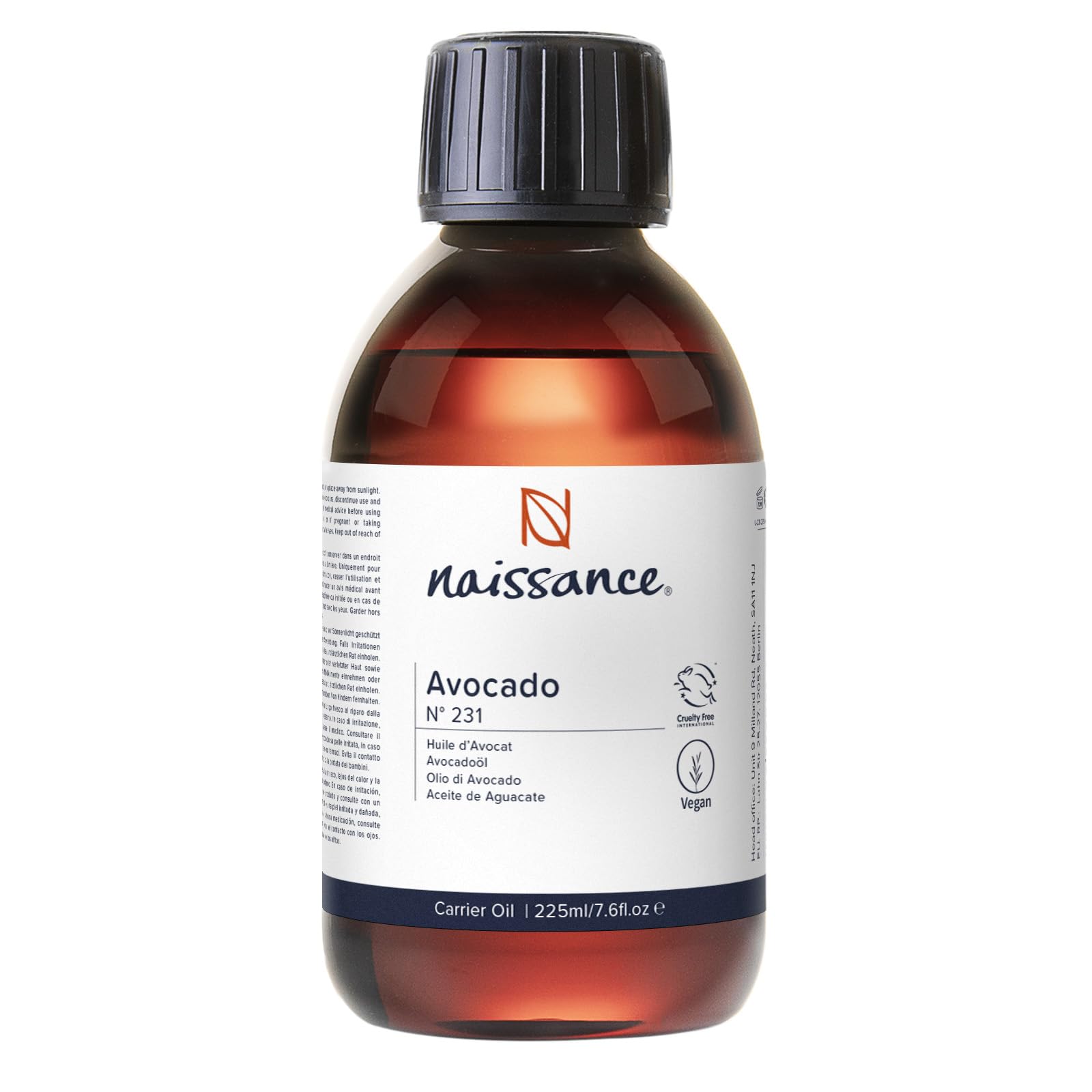 NaissanceAvocado Oil (No. 231) - 225ml - Natural, Vegan - Moisturiser for Skin, Face, Nails, Body, Hair, Growth, Nails, Soap Making, Massage[Amazon-developed Certification] Compact by Design